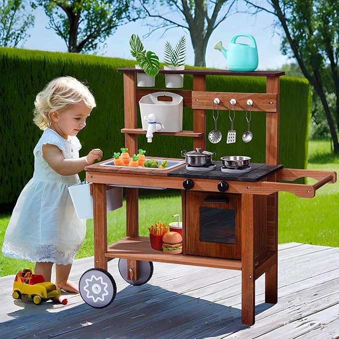 ROBUD Mud Kitchen for Kids Outdoor with Wheels, Wooden Outdoor Play Kitchen, Kids Mud Kitchen with Removable Sink & Faucet, Monteeori Toys for Children Ages 3+ Years, WG403