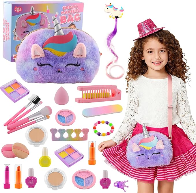 21Pcs Kids Makeup Kit for Girl, Princess Toys Real Washable Cosmetic Set with Oversized Fluffy Purse, Kids Makeup Sets for Girls, Play Make Up Birthday Gifts for 3 4 5 6 7 8 9 10 11 12 Years Old Kid