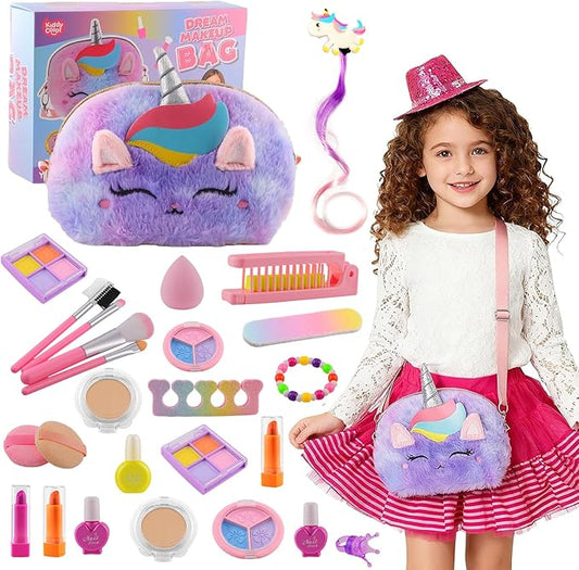 21Pcs Kids Makeup Kit for Girl, Princess Toys Real Washable Cosmetic Set with Oversized Fluffy Purse, Kids Makeup Sets for Girls, Play Make Up Birthday Gifts for 3 4 5 6 7 8 9 10 11 12 Years Old Kid
