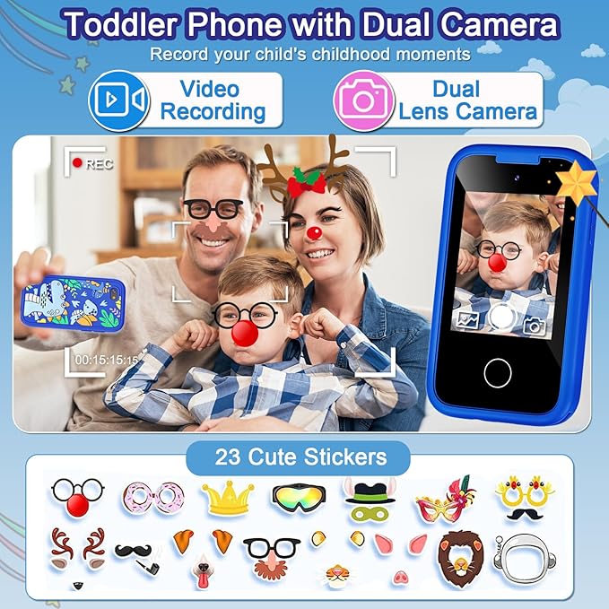Kids Phone for Boys, Christmas Birthday Gifts for Boy Girl Age 3-10 Kids Toys Cell Phone, 2.8" Touchscreen Toddler Learning Play Toy Phone with Dual Camera, Game, Music Player, 8GB Card Blue
