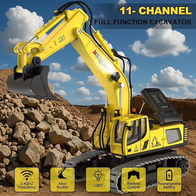kolegend Remote Control Excavator Toy 16 Inch, 11 Channel RC Construction Vehicles Hydraulic Haulers Digger Toys Gift for 6+ Years Old Kids Boys