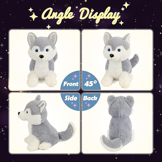 Hopearl LED Plush Husky Lighting Up Stuffed Animal Dog Floppy Puppy Night Lights Glow in The Dark Birthday Festival for Kids Toddlers Boys Girls, Gray, 12''