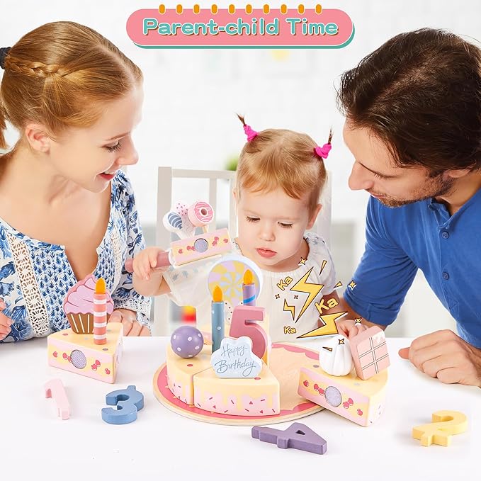 Birthday Party Cake Toys, Wooden Play Food Set for Kids Toddlers, Play Kitchen Toys for Boys Girls, Educational Toys