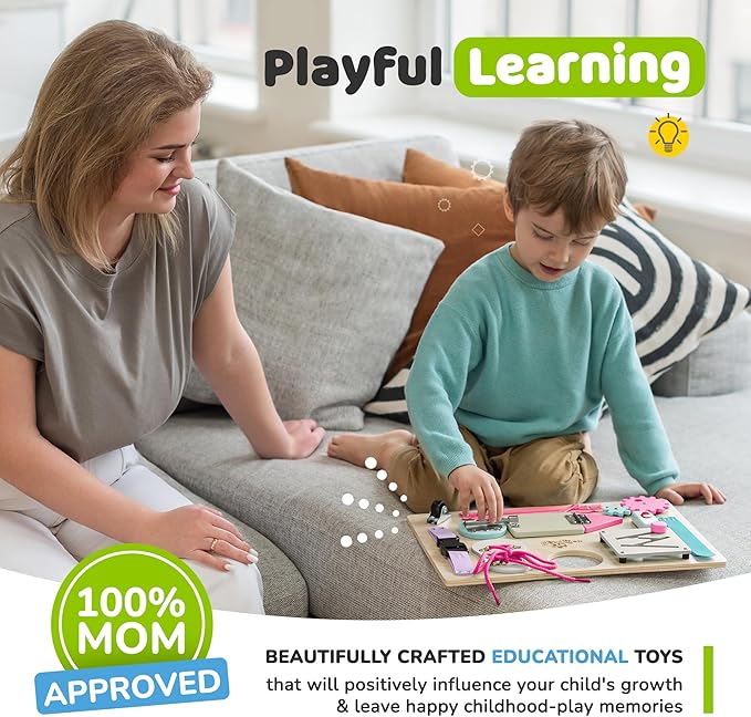 deMoca Sensory Busy Board for Toddlers, Premium Wooden Toddler Busy Board for 1 2 3 Year Old with 10 Educational Activities for Fine Motor Skills, Fidget Activity Toy for Travel Toy