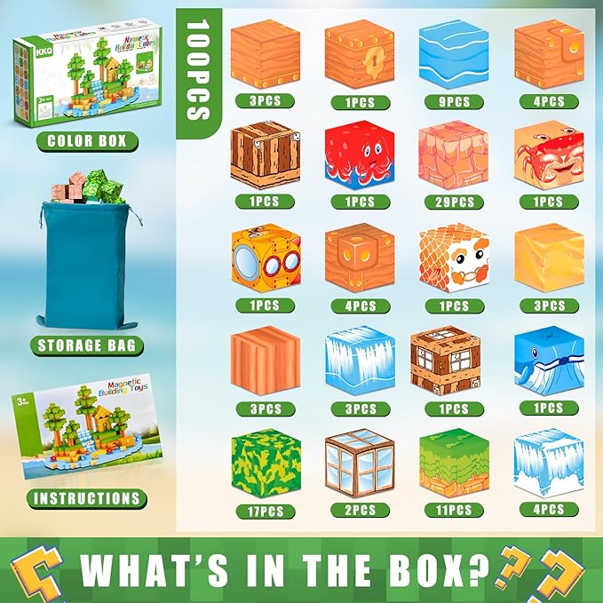 100PCS Magnetic Blocks,STEM Building Toys for Boys Girls 3+,Toddler Sensory Constructions Stacking Magnet Blocks,Christmas Birthday Gifts for Boys Girls Age 4 5 6 7 8 9 10
