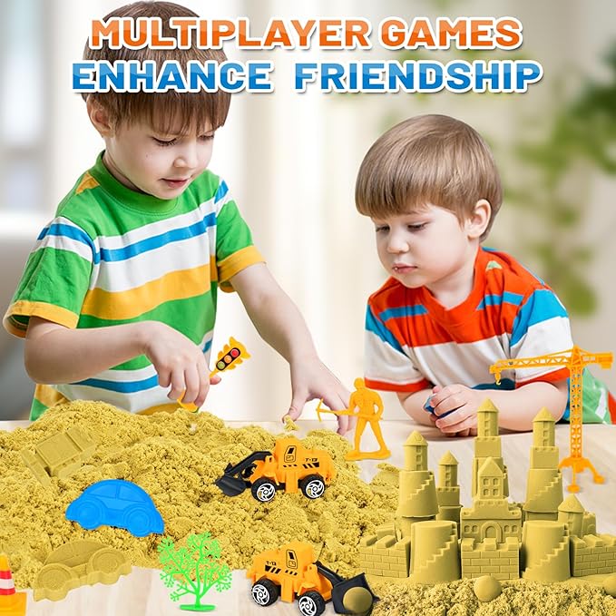Play Sand Toys for Kids - 45pcs Playset with 1.1 lbs Realistic Sand, Truck Excavator Toy Vehicles, Including Construction Site Mat, Airplane Train Car Mold Kit and Other Accessories