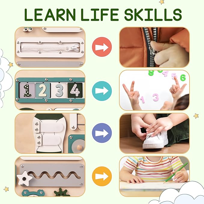 Large Busy Board Montessori Toys for 1 2 3 Year Old - Sensory Toys for Toddlers 1-3 - Fine Motor Skills & Early Learning - Montessori Gift for Boys & Girls - Travel-Friendly & Safe (Green)