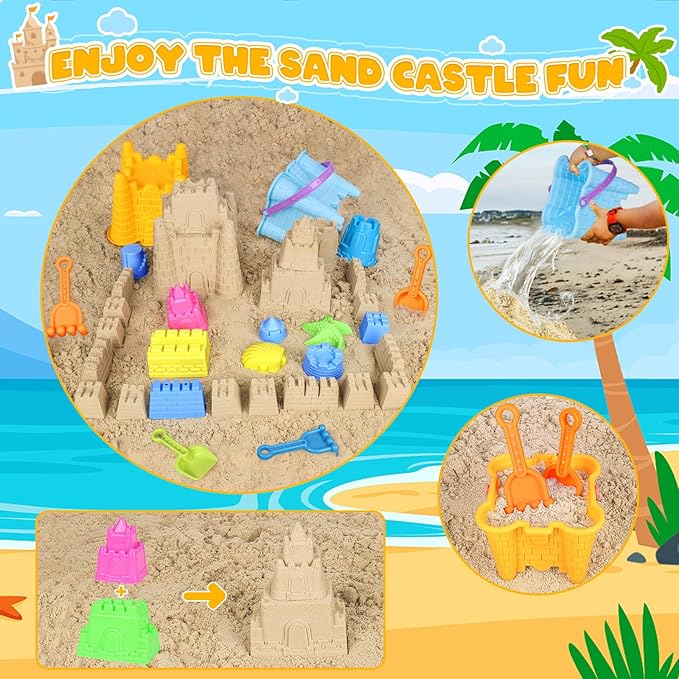 Beach Toys for Toddlers, Sand Castle Toys with 2 Sand Bucket, 2 Mesh Bag, 4 Shovels & Molds, Travel Sand Toys for Beach Sandbox Toys for Toddlers Kids Baby Boys Girls Age 3-10