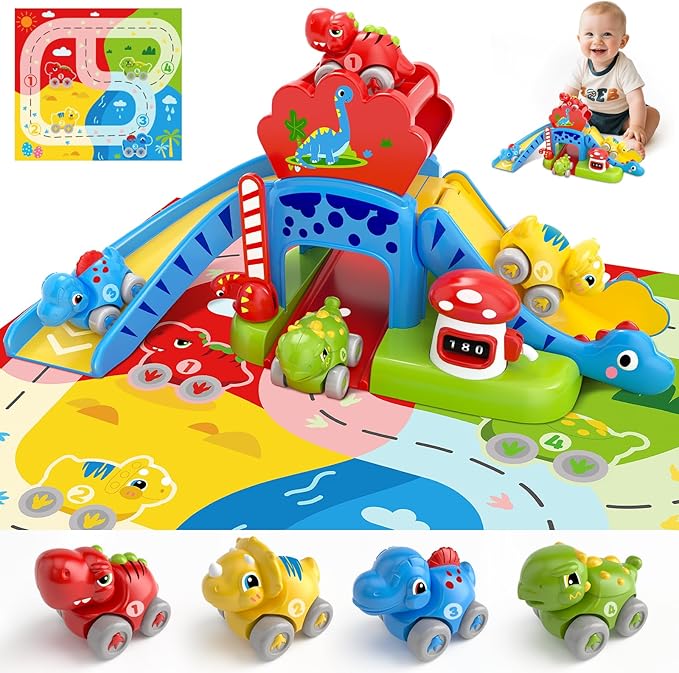 Toddler Toys for 1 2 Year Old Boy Gifts - Educational Dinosaur Slide Set with 4 Color/Number Push Cars and Playmat, Montessori Learning Toy for Baby 12-18 Months, 1st Birthday Present Ages 1-2, Red