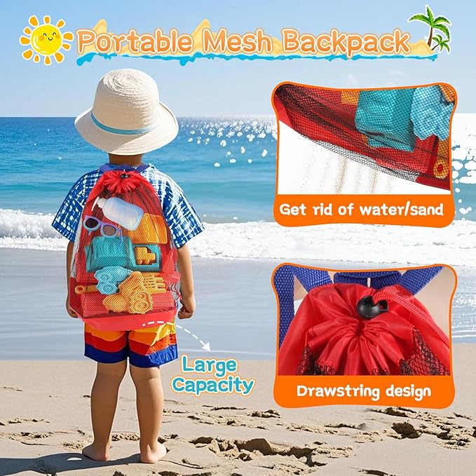 Beach Sand Toys, Large Dump Truck with Bucket, Sandbox Construction Toy Sand Castle Building Kit with Mesh Bag, Sand Molds, Shovels, Worker Figures, Kids Toddlers Summer Outdoor Travel Toys