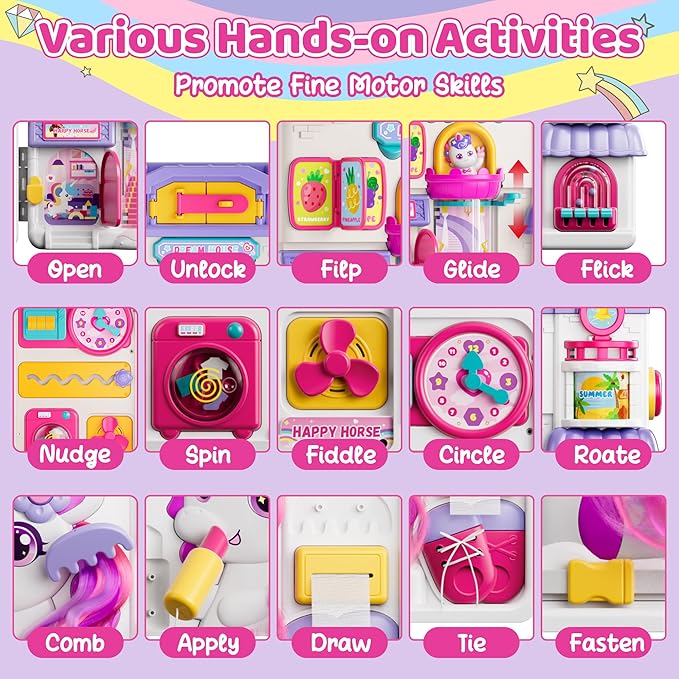 Busy Board for 1 Year Old Girl Gifts, Montessori Toys for 1 2 Year Old - 56+ Activities Bilingual Music Learning Sensory Toys for Toddlers 1-3 - Birthday Gift for 1+ Year Old Girl Boy