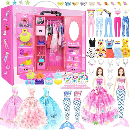 66Pcs Doll Clothes and Accessories with Doll Closet for 11.5 Inch Doll Dress up Set with 1 Doll Fashion Dresses Outfits Tops and Pants Shoe Rack Bags Gift Toy for Girls 4 5 6 7 8 9 10 Years