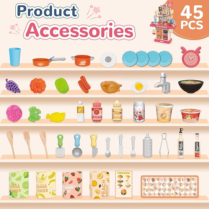 cossy Kids Play Kitchen,Toddler Kitchen with Sound and Light,Cooking Stove with Steam,Play Food Toy and Kitchen Accessories,Play Kitchen for Toddlers,Pink