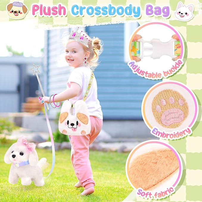 Plush Dog Toys for Kids with Crossbody Bags Princess Jewelry, Robot Puppy with Leash Walking Barking, Pretend Play Dress Up Interactive Stocking Stuffers for Toddler Girl Toys Birthday Gifts