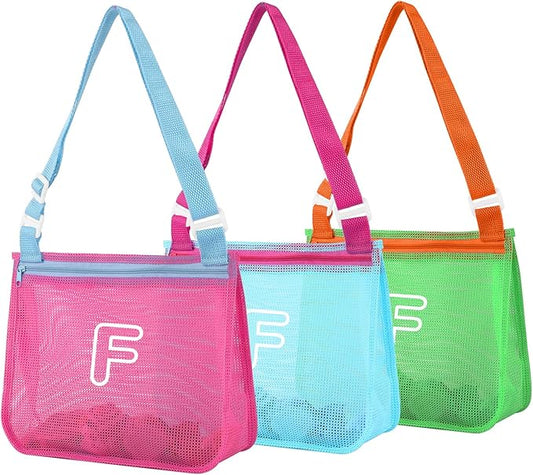 3Pcs Personalized Kids Beach Shell Bag, Initial Seashell Mesh Zipper Beach Pouch, Shell Collecting Bag for Holding Shells with Adjustable Straps, Sand Toys Swim Pouch Gift for Girl Boy Teens(Letter F)