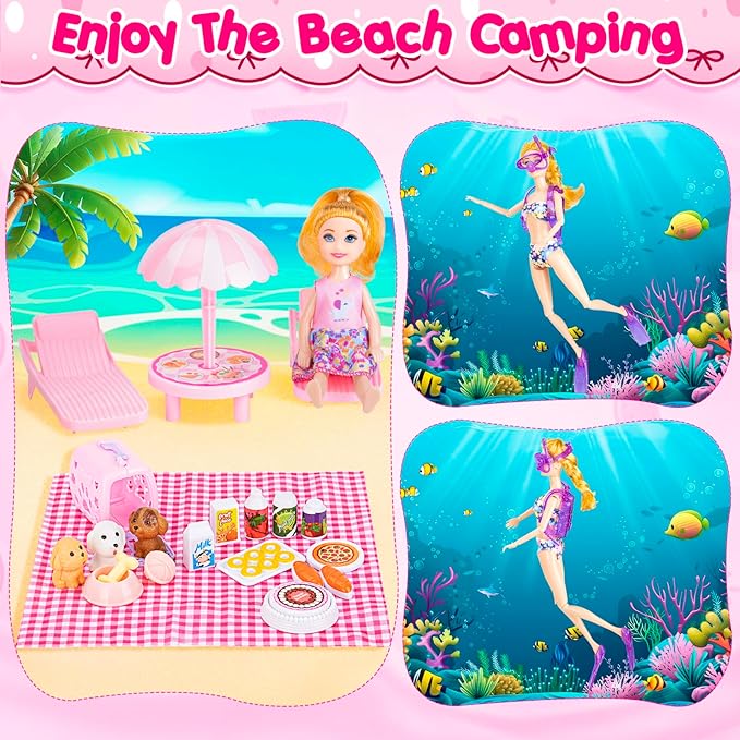 164 Pcs Doll Closet with 11.5 Inch Doll Clothes and Accessories Set, Camping Set, Princess Dresses, Camping Tent, Beach Swim Accessories Set, Diving Suit, Dress Up Toys for Girls Gift