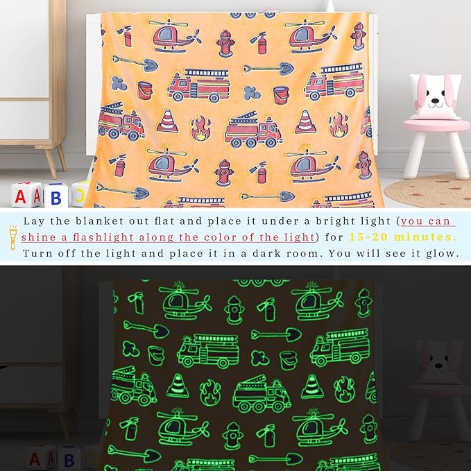 Fire Truck Blanket Glow in The Dark Blanket for Toddler Boys Gifts Toys for 3 4 5 6 7 8 9 10 Year Old Construction Blankets Firetruck Birthday Gifts for Kids