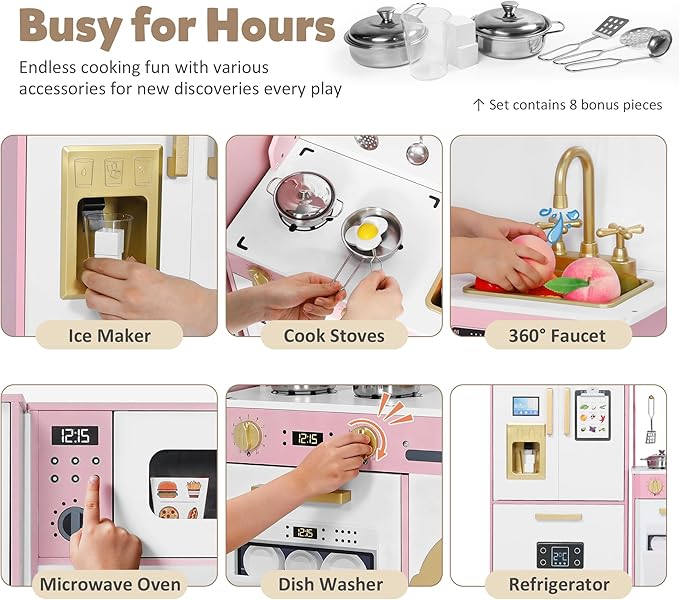 Play Kitchen Sets for Kids, Pretend Wooden Kids Kitchen Playset, Interactive Toy Kitchen with Freezer, Washing Machine, Ice Maker & Large Storage Space, for Boys Girls Ages 3+, Pink