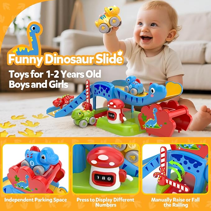 Toddler Toys for 1 2 Year Old Boy Gifts - Educational Dinosaur Slide Set with 4 Color/Number Push Cars and Playmat, Montessori Learning Toy for Baby 12-18 Months, 1st Birthday Present Ages 1-2, Red