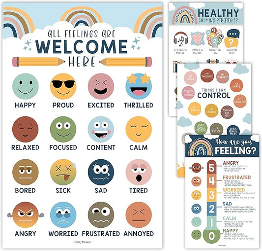 Hadley Designs Feelings Chart For Kids Ages 4-8 - Emotions Chart For Toddlers 3-5, Counseling Feelings Posters For Classroom Calming Corner, Social Emotional Learning Posters, Boho Classroom Decor