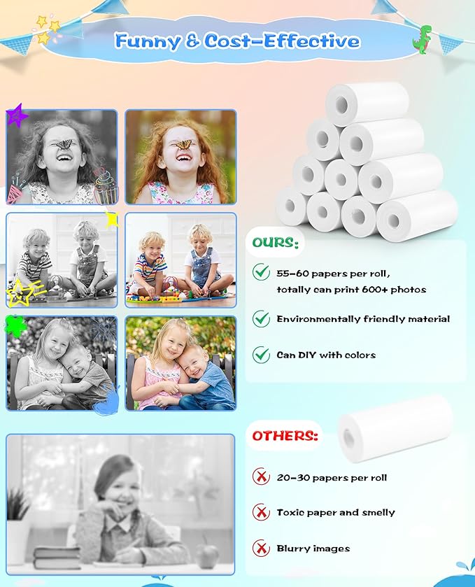 Thermal Paper, 10 Rolls Refill Print Paper for Kids Instant Print Camera, HD Photo Printing Paper Rolls for Most Kids Instant Camera, BPA Free