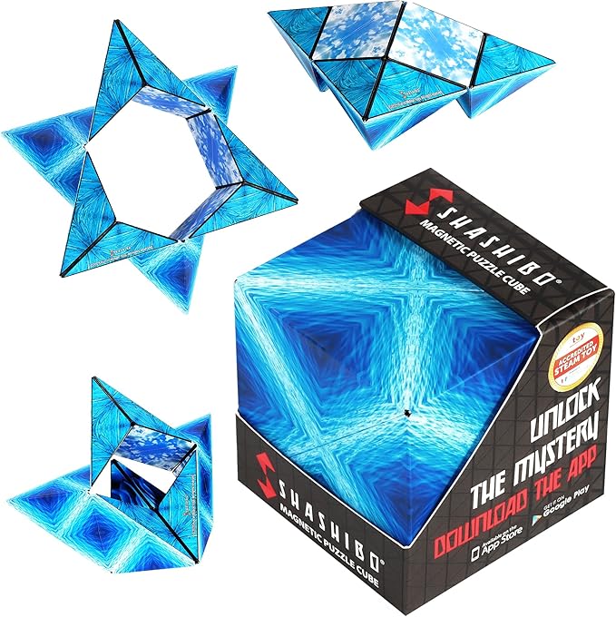 SHASHIBO Shape Shifting Box - Award-Winning Fidget Toy w/ 36 Rare Earth Magnets - Fidget Cube Transforms Into Over 70 Shapes, Sensory Toy Gift for Kids, Teens, and Adults (Blue Planet)