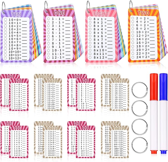 4 Packs of 49 Pcs Multi Math Flash Cards, Addition, Subtraction, Multiplication, & Division Flashcards with 2 Dry Erase Markers 4 Rings Math Games