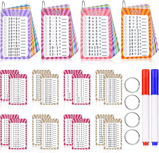 4 Packs of 49 Pcs Multi Math Flash Cards, Addition, Subtraction, Multiplication, & Division Flashcards with 2 Dry Erase Markers 4 Rings Math Games