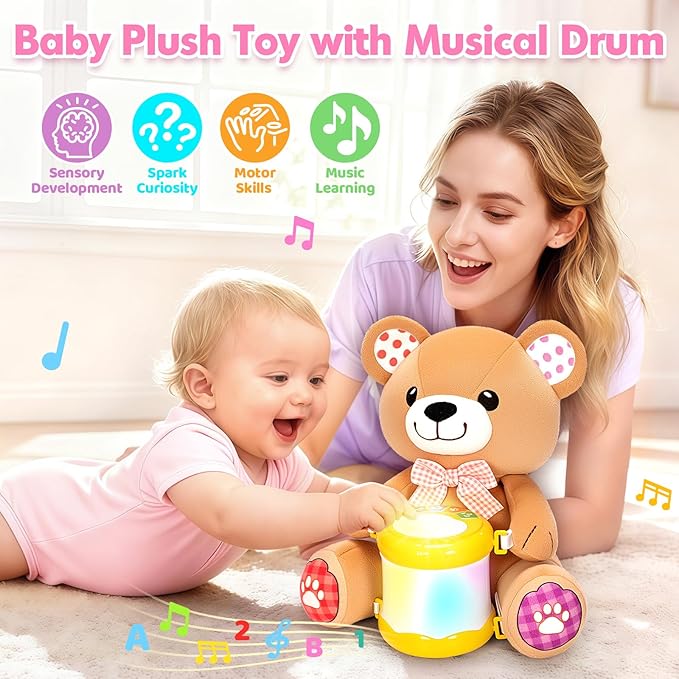 V-Opitos Stuffed Bear Musical Toys for Baby 6-12 Months+, Early Learning Light up Music Drum, Perfect Christmas Birthday Gifts for Boy & Girl Age 1, 2 Years Old