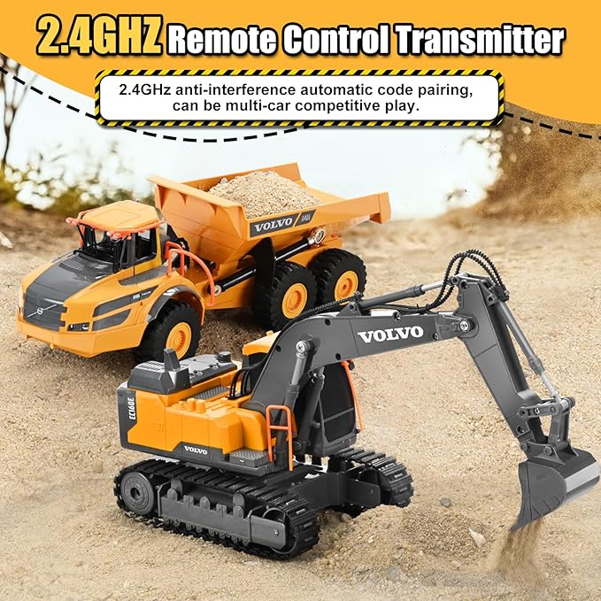 DOUBLE E Volvo RC Excavator Remote Control Excavator Toy for Boys Full Function Construction Vehicles Toys with Shovel for Outdoor Play Sandbox Digger Toys Gifts for Kids
