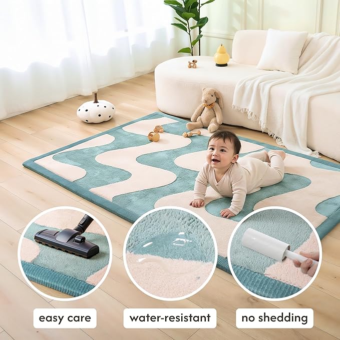 Premium Baby Playmat for Floor 80" x 110" waves – Cloudsoft Coral Velvet Memory Foam Rug for Crawling – Non-Slip, Water-Resistant, Non-Toxic, Easy-Care Muscle Mat – Thick Play Mat for Baby
