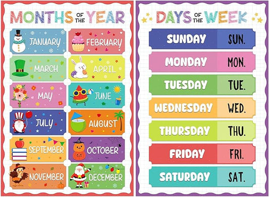 D4DREAM Days of The Week Poster for Kids - 2Pcs Laminated Months of the Year Poster for Classroom Decorations Toddler Learning Posters for PreK Kindergarten Homeschool Nursery Daycare Essentials