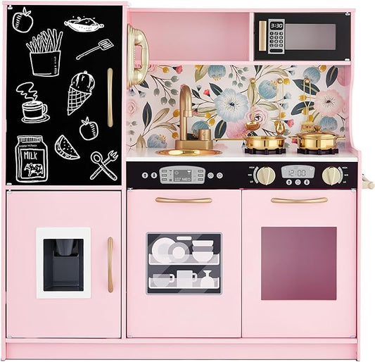 Best Choice Products Pretend Play Kitchen Wooden Toy Set for Kids w/Realistic Design, Telephone, Utensils, Oven, Microwave, Sink - Pink Floral