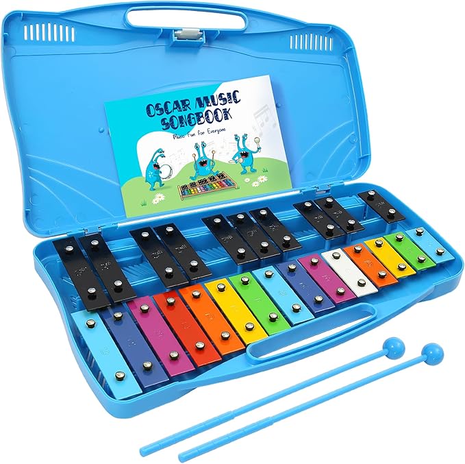 MINIARTIS Glockenspiel Xylophone | 25 Note Colorful Metal Keys Xylophone for Kids | Percussion Musical Instrument | Educational Music Toy Includes Music Songbook, Mallets and Blue Carry Case