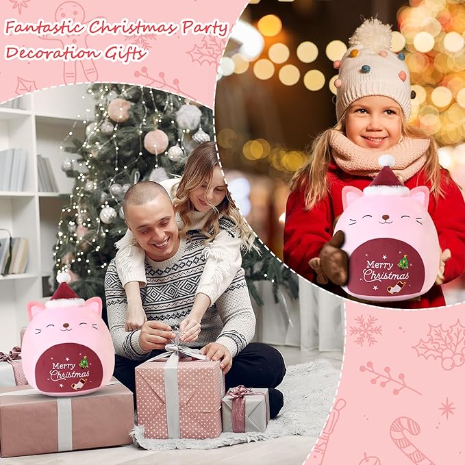 SQEQE Christmas Cat Stuffed Animal Pink Cat Plush Wearing Red Hat Kawaii Stuffed Toys Soft Home Plushie Decoration Gifts for Boys Girls (Red, 10 Inch)