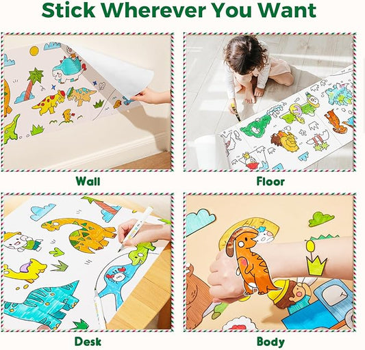 Jar Melo Dinosaur Coloring Roll for Kids -Sticky No Mess Coloring Poster for Toddlers, 118×15.74 Inches Large Coloring Tablecloth, Drawing Paper for Kids' Easel Ideal Gifts for Home Birthday Party