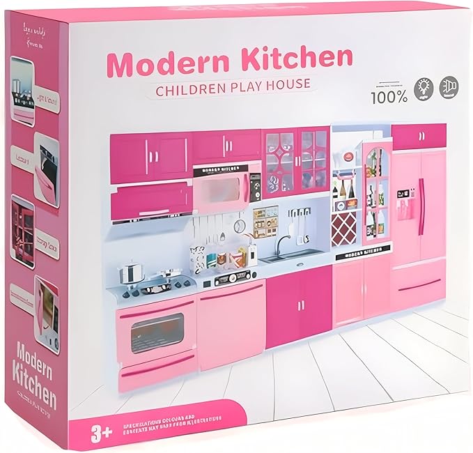 Doll Kitchen Playset for Kids, My Modern Mini Kitchen House Furniture Pretend Play Toy Accessories Set with Realistic Lights & Sounds for Toddlers, Girls (5-in-1 Kitchen Set)