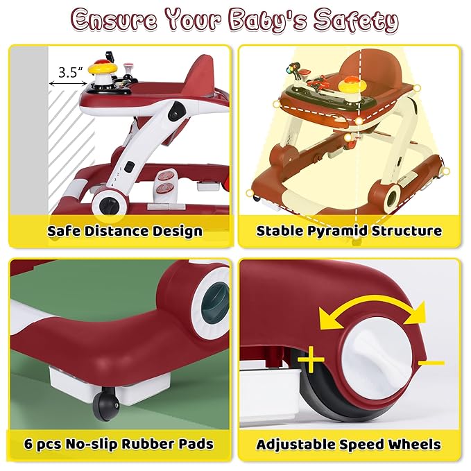 6 in 1 Baby Walker, Baby Activity Center for Toddler, Walker Rocker Bouncer w/Adjustable Height Speed, Learning-Seated & Walk-Behind, Infant Walker w/Feeding Tray & Music Toys, Red