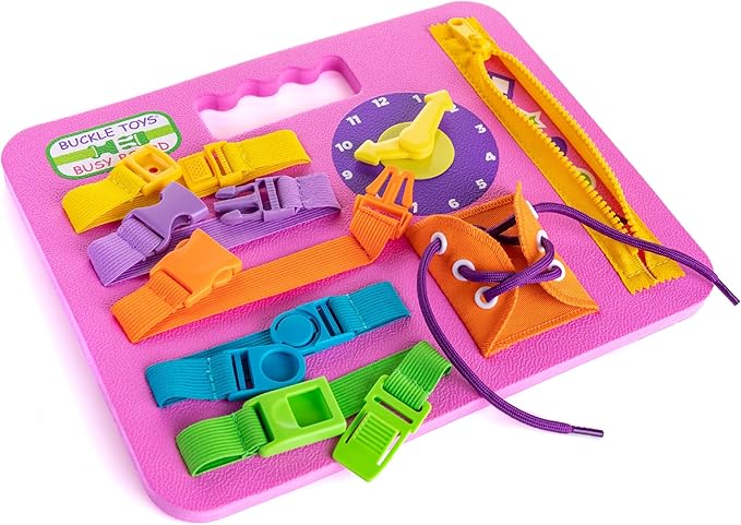 Buckle Toys Busy Board - Montessori Learning Toy for Toddlers - Foam Sensory Board - Develop Fine Motor Skills - Pink