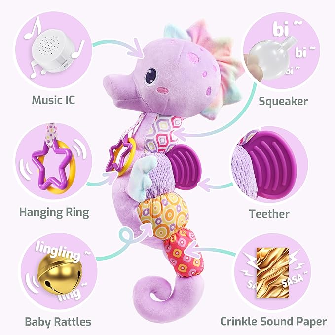 Sumobaby Infant Baby Musical Stuffed Animal Activity Soft Toys with Multi-Sensory Crinkle, Rattle and Textures, for Tummy Time Newborn 0-3-6-12 Months Boys, Girls, Seahorses, Purple