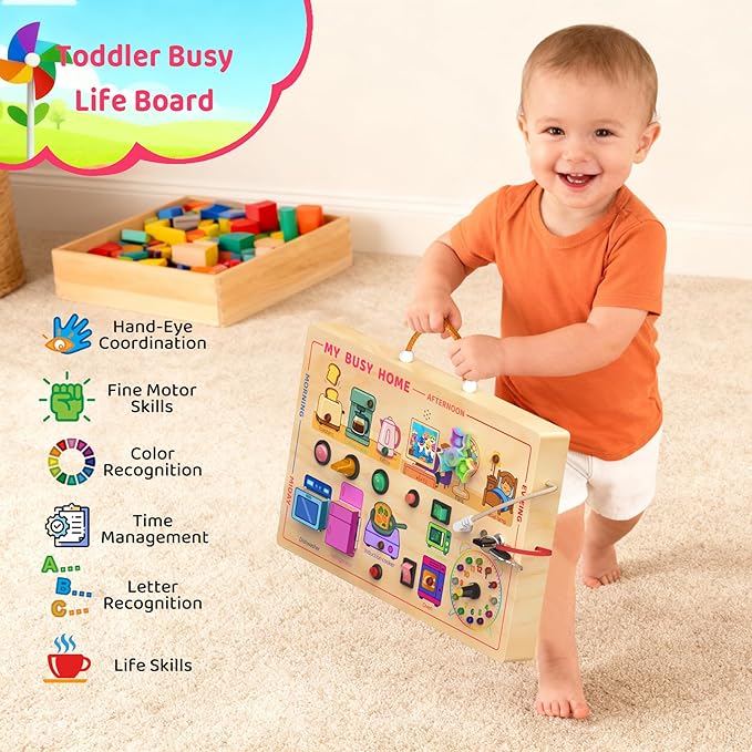 Montessori Wooden Busy Board for Toddlers 1-3 - Light Up LED Switch Sensory Board, Home Kitchen Themed Educational Learning Toy, Portable Travel Car Activities Gifts for 1 2 Year Old Boys Girls