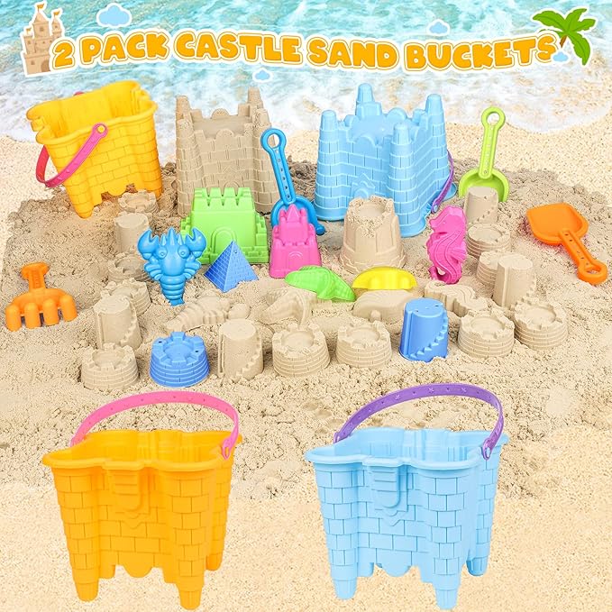 Beach Toys for Toddlers, Sand Castle Toys with 2 Sand Bucket, 2 Mesh Bag, 4 Shovels & Molds, Travel Sand Toys for Beach Sandbox Toys for Toddlers Kids Baby Boys Girls Age 3-10