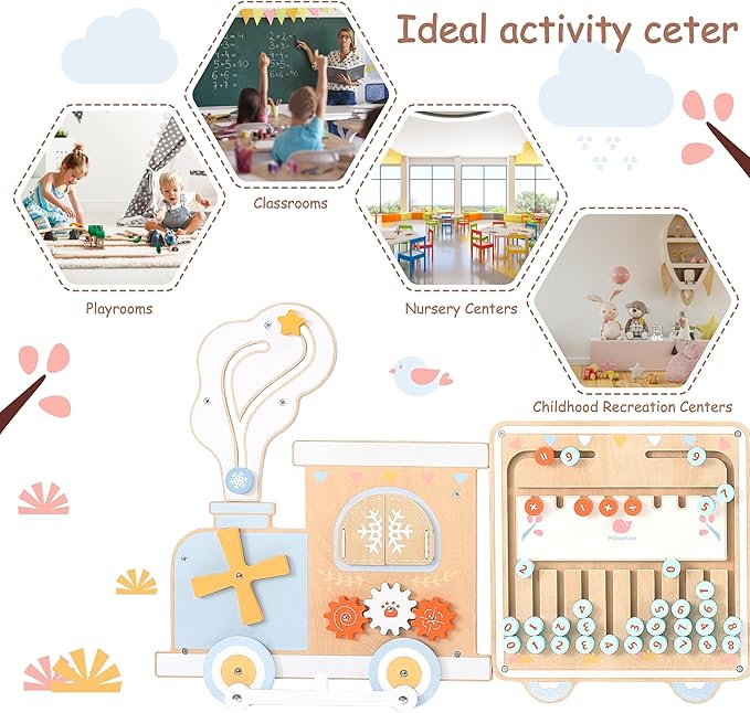 Train Activity Wall Busy Board, Wooden Montessori Sensory Toys, 12-in-1 Learning Activity Center for Playroom,Daycare, Nursery, Classroom, Educational Toys for Toddler