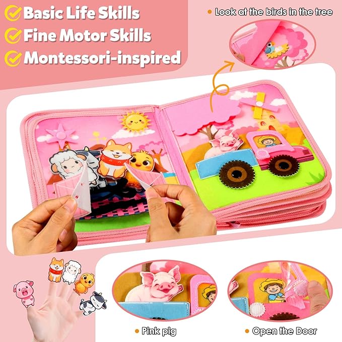 GOLIYEAN Montessori Busy Book for Toddlers 1-3, Busy Board Montessori Toys for 1 Year Old Girl Birthday Gifts, Educational Learning Sensory Activity Books, Quiet Book Travel Toys for Airplane Car