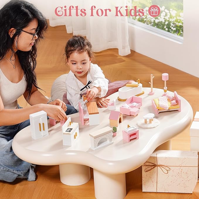 ROBOTIME Wooden Dollhouse Furniture Set, 28 PCS Miniature Dollhouse Furniture with 6 Room Kits, Dollhouse Accessories and Pretend Play Furniture, Gift for Boys and Girls Ages 3+