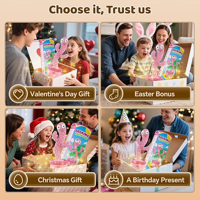 Rechargeable Dancing Talking Cactus Toy for Baby Toddlers, Baby Girl Toys, Volume Adjustable, Mimicking, Recording, Singing English Songs, Xmas Baby Toys & Gifts for Girls, Stocking Stuffers for Kids