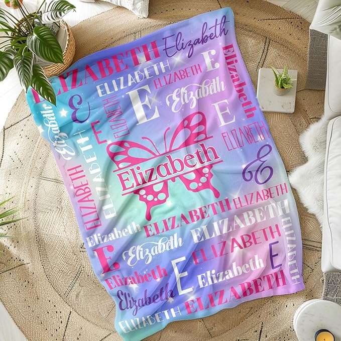 Girls Blankets, Custom with Name Butterfly Throws Gifts for Kids Teens Women, Personalized Soft Comfy Monogram Flannel Fleece Blanket for Bed Couch Sofa Home Decor, Butterfly Stuff Themed Gifts