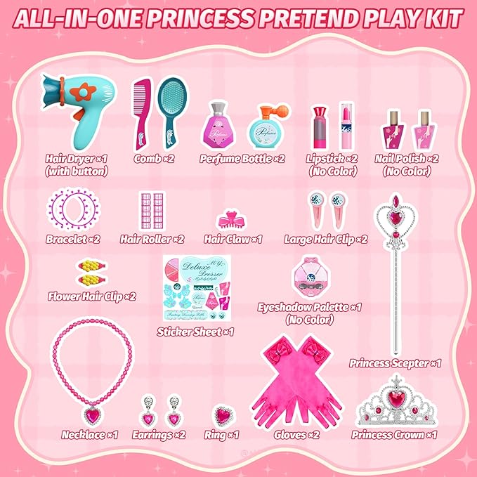VViN Kids Vanity Set for Girls with Light & Music, Princess Vanity Table with Stool, Pretend Makeup Dresser with Crown, Scepter, Gloves & Jewelry Accessories, Toys for 3 4 5 Year Old