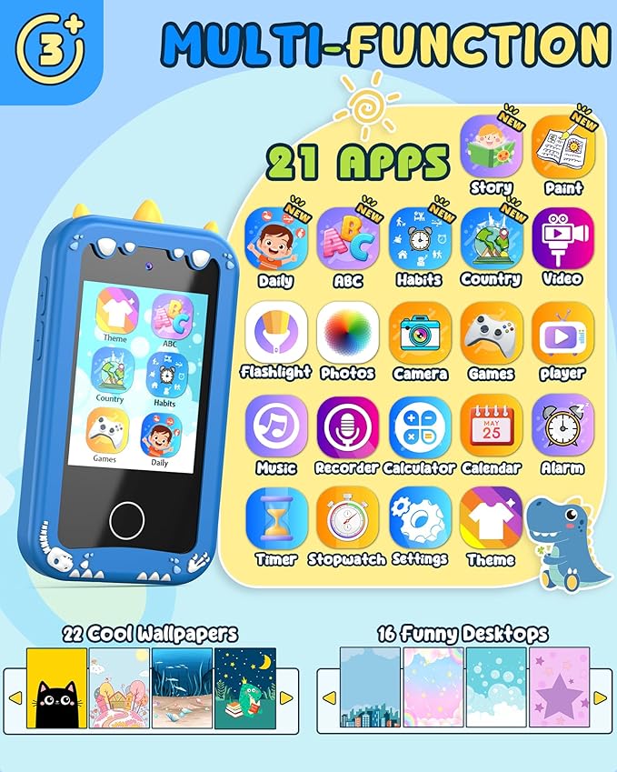 UCIDCI Dinosaur Kids Smart Phone Toys for Boy Dual Camera & Music Player Toddler Selfie Phone Toys Road Trip Toys with Learning Games, Christmas, Birthday Gifts for 3 4 5 6 7 Year Old Blue