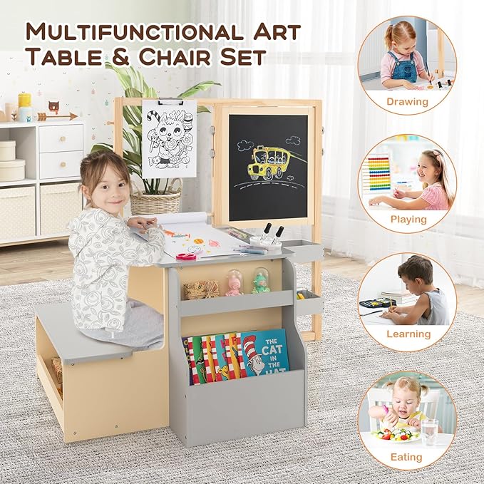 Costzon Easel for Kids, Wooden Art Center with Double-Sided Blackboard & Whiteboard, Paper Roll for Drawing, Crafts, Writing, Toddler Activity Table with Storage, Kids Table and Chair Set (Grey)